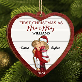 Christmas,Love,Gift For Couples,Gift For Husband,Gift For Wife,Anniversary - First Christmas As Mr & Mrs Kissing Couple - Personalized 2-Layered Wooden Ornament