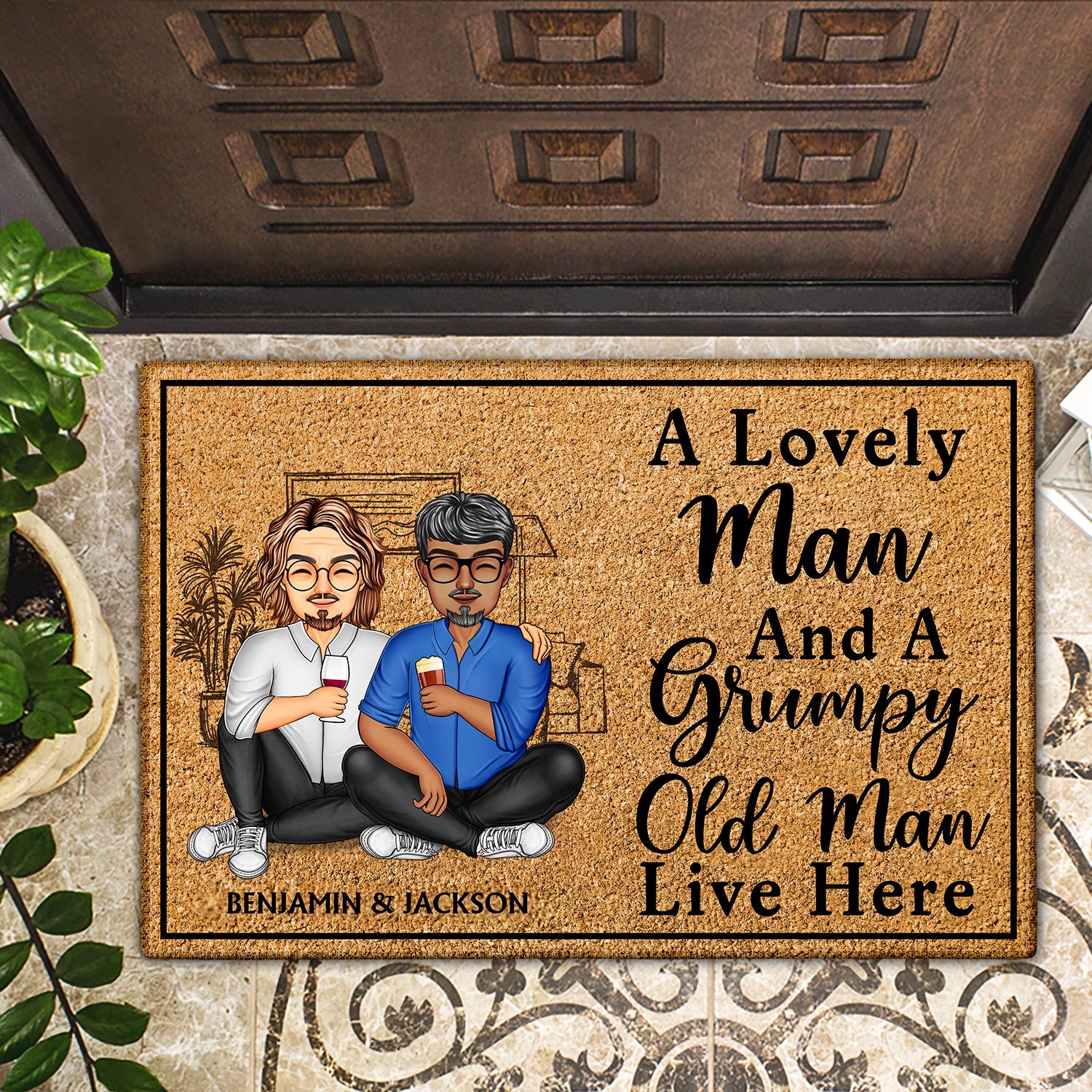 A Lovely Lady And A Grumpy Old Man Live Here Family - Anniversary, Birthday, Home Decor Gift For Spouse, Lover, Husband, Wife, Boyfriend, Girlfriend, Couple - Personalized Custom Doormat