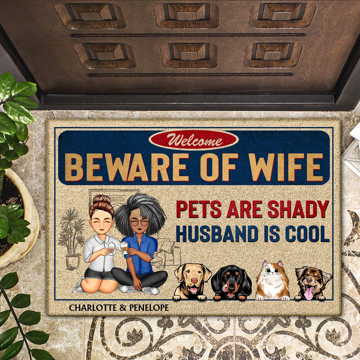 Beware Of Wife Dogs Cats Are Shady Husband Is Cool - Anniversary, Birthday, Home Decor Gift For Husband, Wife, Couple, Pet Lovers - Personalized Custom Doormat