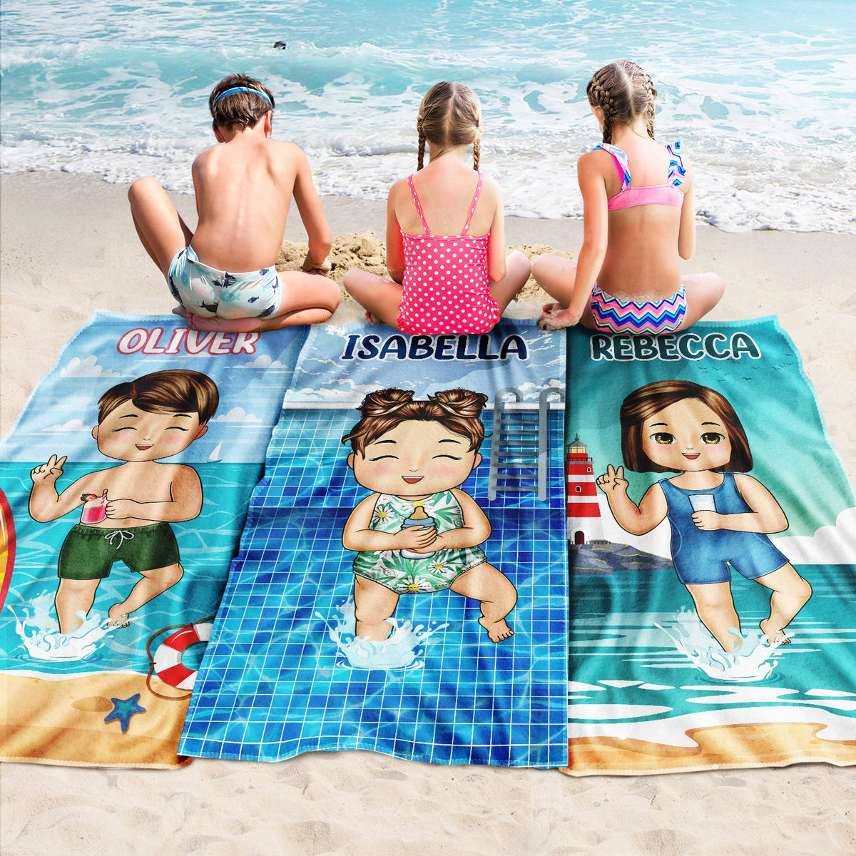 Kids On The Beach Sand Pool - Gift For Children, Grandkids - Personalized Custom Beach Towel