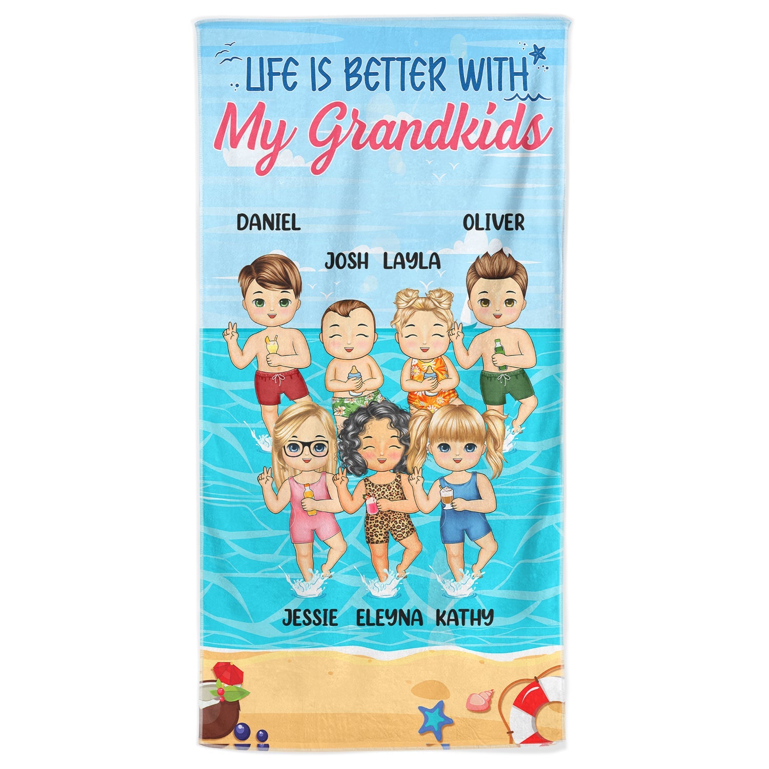 Life Is Better With My Grandkids - Loving Gift For Mother, Father, Grandma, Grandpa - Personalized Beach Towel