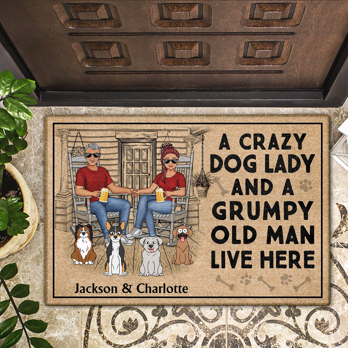 A Crazy Dog Lady And Her Grumpy Old Man Live Here - Home Decor For Couples, Pet Lovers - Personalized Doormat