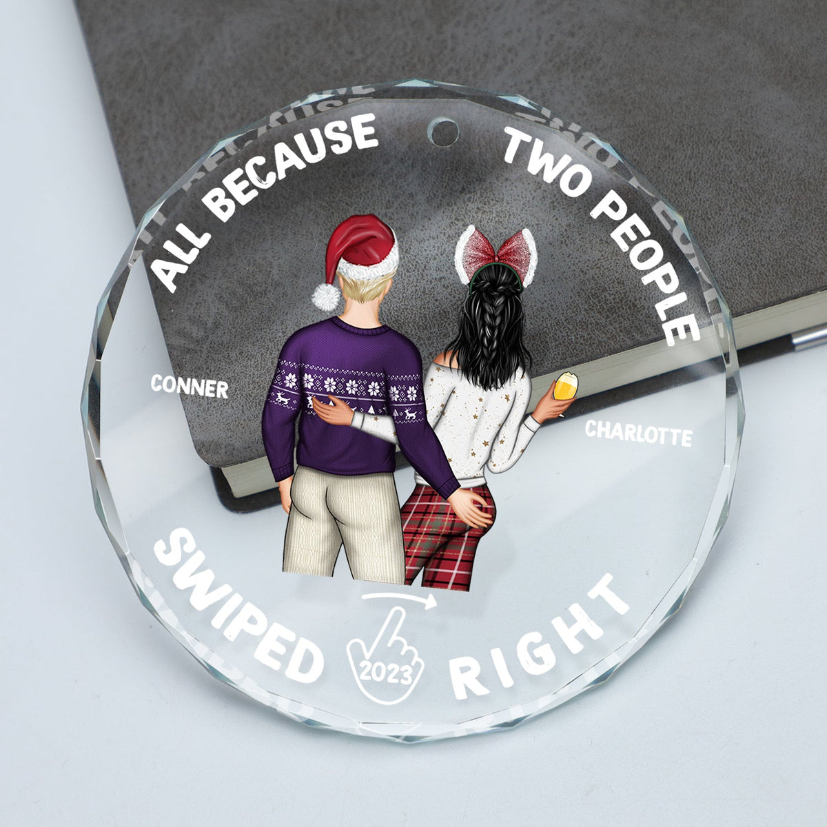 All Because Two People Swiped Right - Christmas Gift For Couples, Husband, Wife - Personalized Circle Glass Ornament