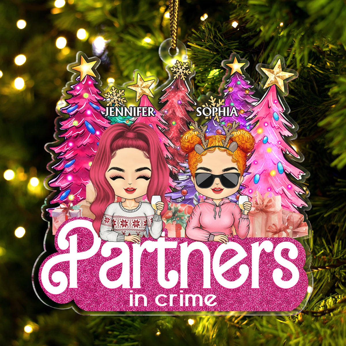 Partners In Crime Pine Tree Chibi - Christmas Gifts For Besties, Friends - Personalized Cutout Acrylic Ornament