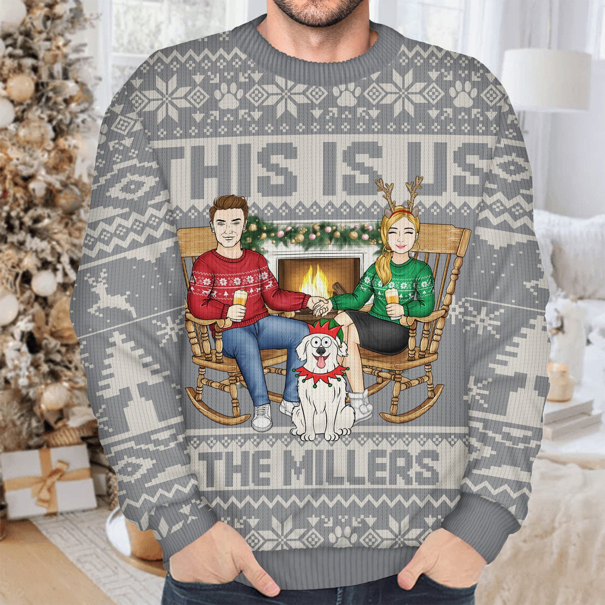 This Is Us Couple And Dogs Cats - Christmas Gift For Pet Lovers And Family - Personalized Unisex Ugly Sweater