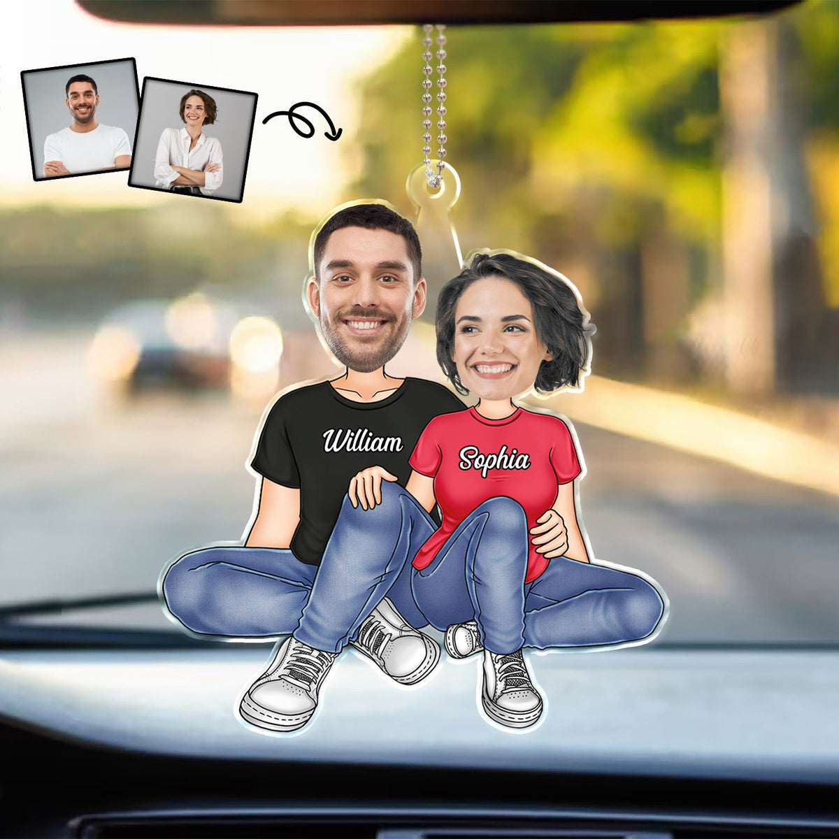 Custom Photo Couple Sitting Together - Anniversary Gift For Couples - Personalized Acrylic Car Hanger