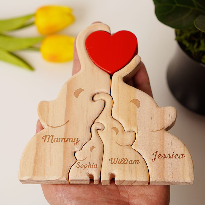 Love Elephant Family - Gift For Mother, Father, Family - Personalized Custom Shaped Wooden Puzzle