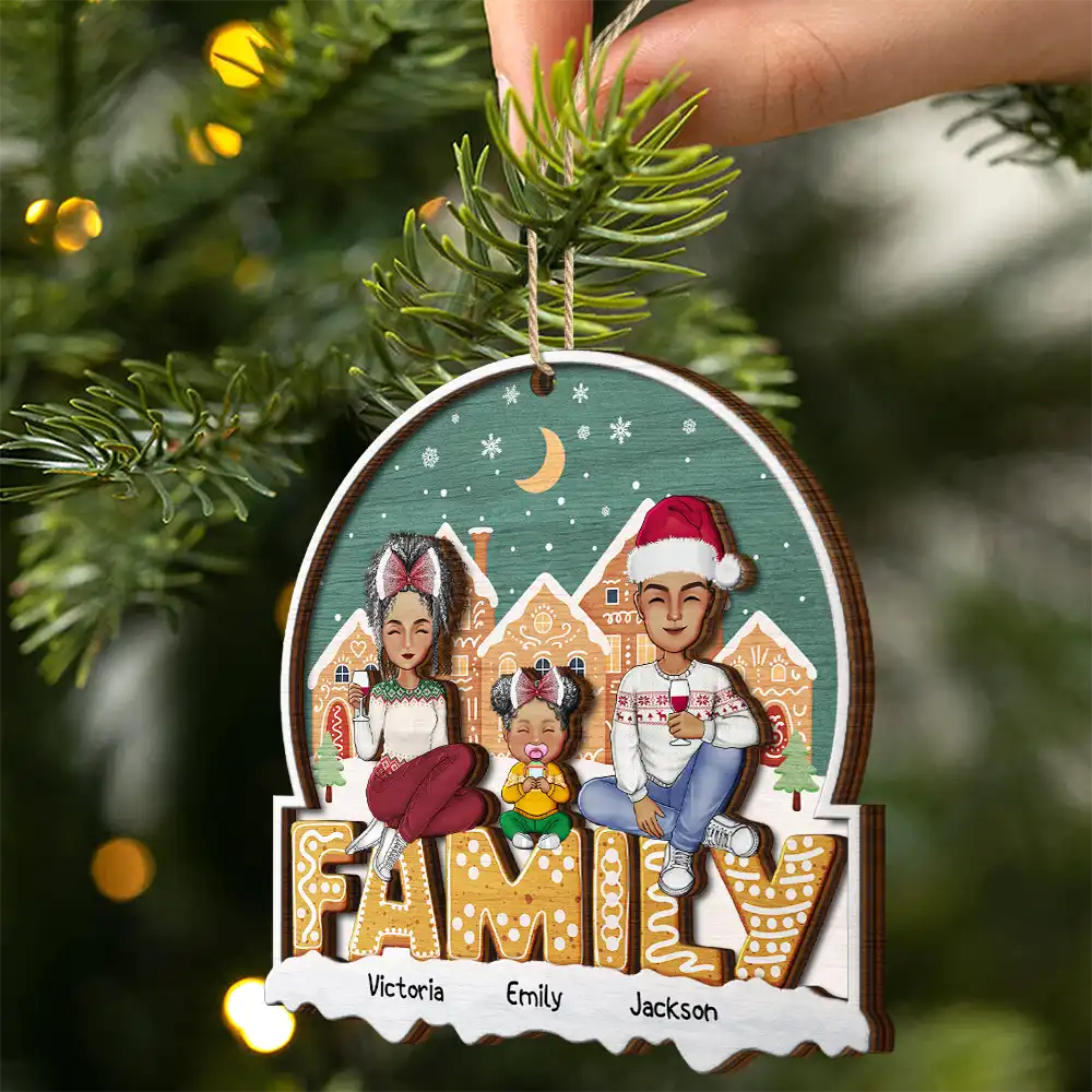 Cartoon Family And Pet Gingerbread Cookies - Personalized 2-Layered Wooden Ornament