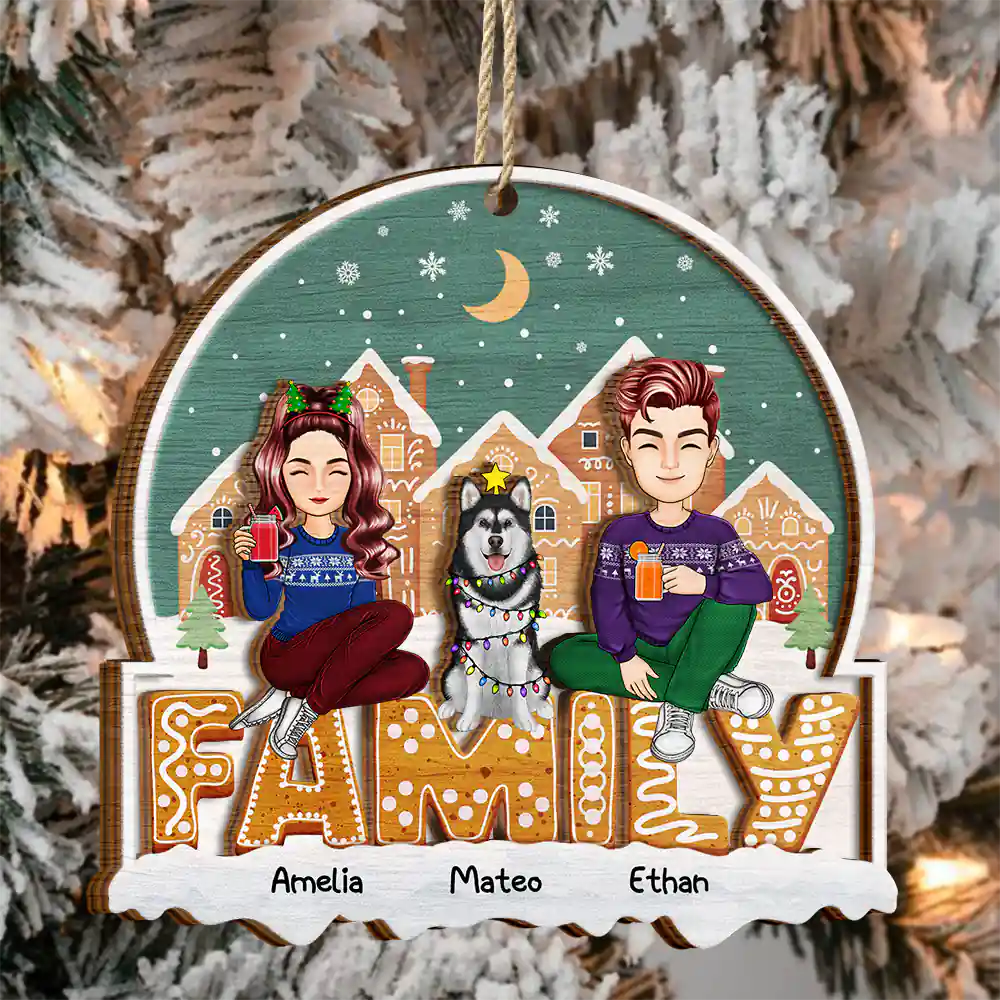 Cartoon Family And Pet Gingerbread Cookies - Personalized 2-Layered Wooden Ornament