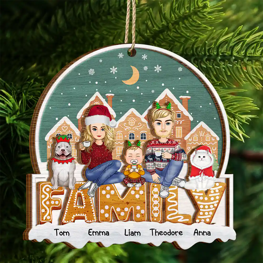 Cartoon Family And Pet Gingerbread Cookies - Personalized 2-Layered Wooden Ornament