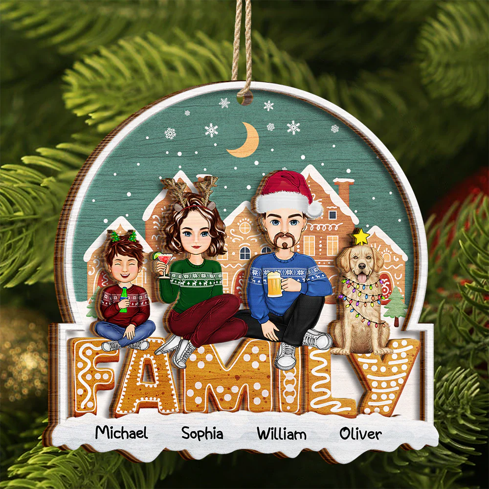 Cartoon Family And Pet Gingerbread Cookies - Personalized 2-Layered Wooden Ornament