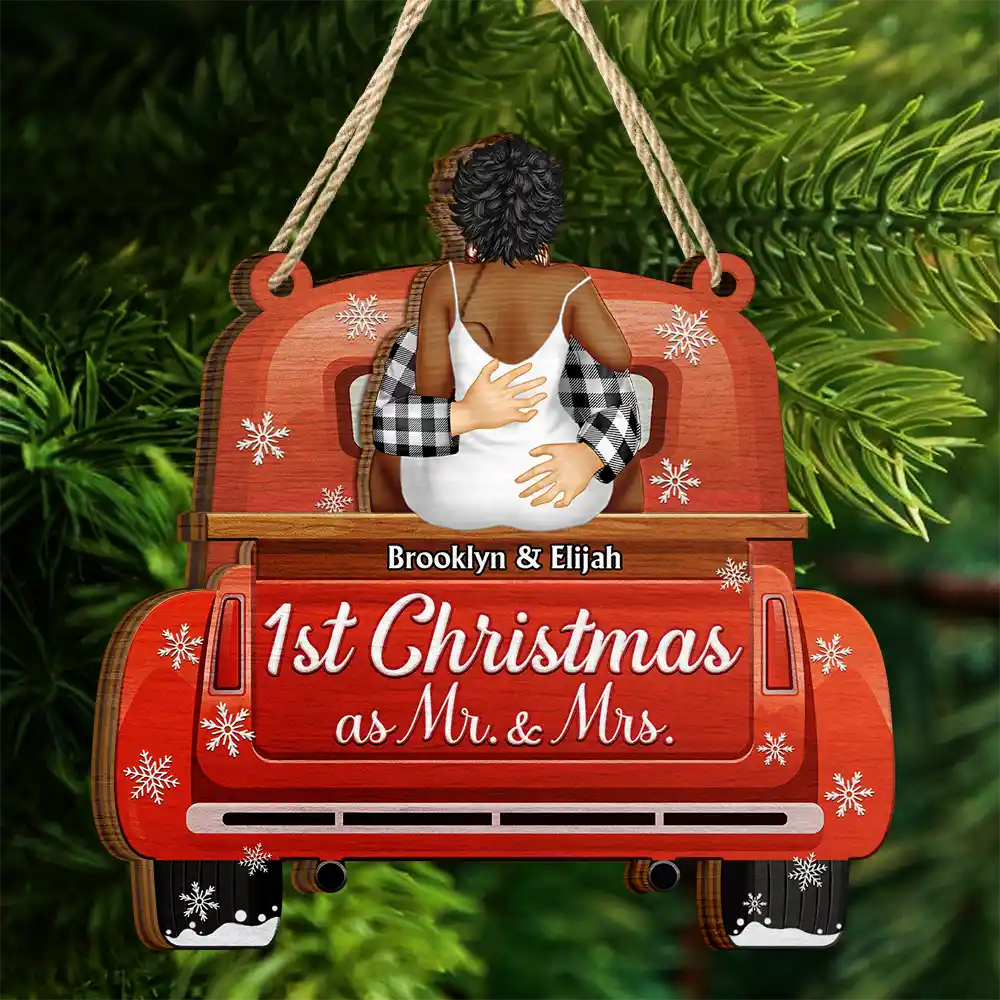 Back Couple Our First Christmas As Mr. & Mrs. - Personalized 2-Layered Wooden Ornament