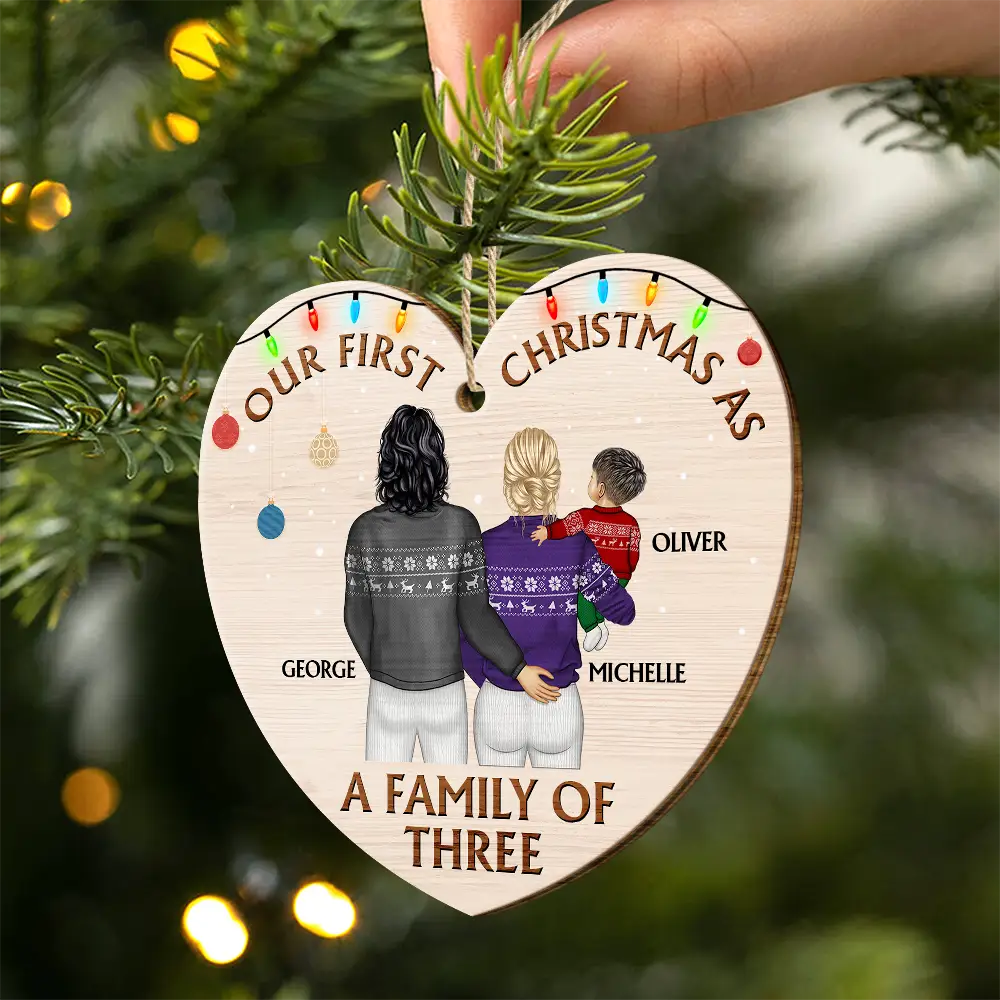 Back Family Our First Christmas As A Family Of Three - Personalized Custom Shaped Wooden Ornament