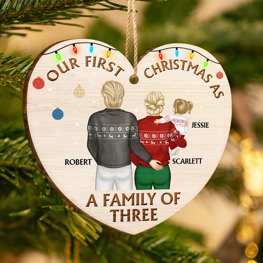 Back Family Our First Christmas As A Family Of Three - Personalized Custom Shaped Wooden Ornament