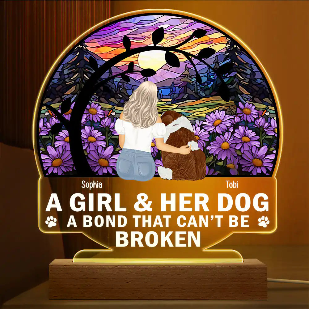 Pet Lovers - Flower Field A Girl And Her Dog And Cat - Personalized 3D Led Light Wooden Base