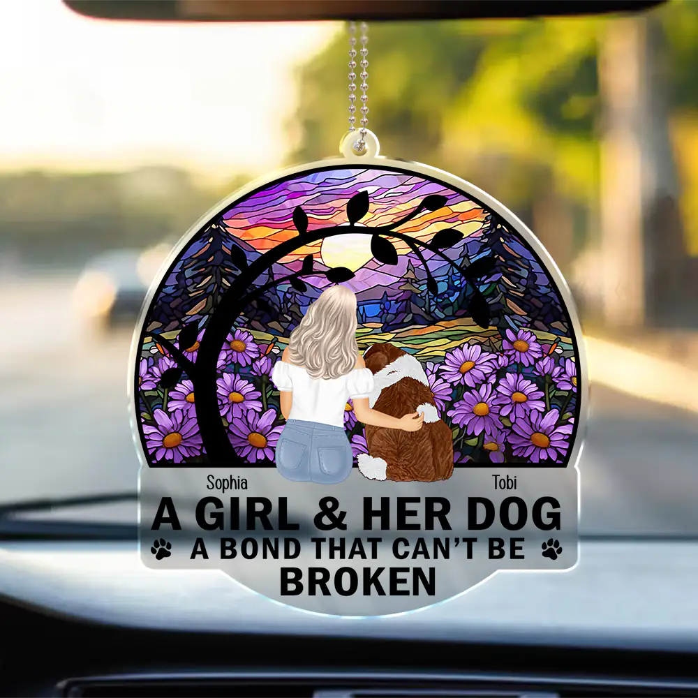 Dog Lovers, Cat Lovers, Pet Lovers - Flower Field A Girl And Her Dog And Cat - Personalized Acrylic Car Hanger