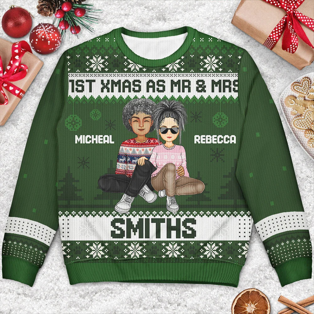 Gift For Couples - 1st Xmas As Mr & Mrs Cartoon Couple - Personalized Unisex Ugly Sweater