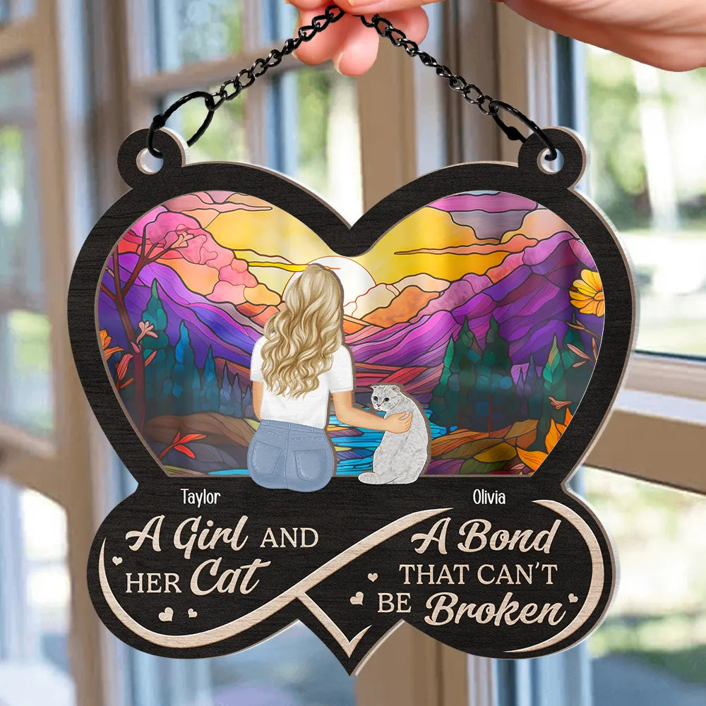 Pet Lovers - Infinity Heart Flower Field A Girl And Her Dog And Cat - Personalized Window Hanging Suncatcher Ornament