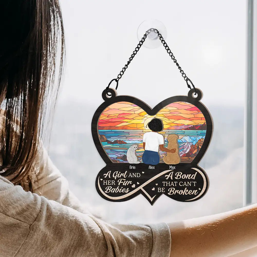 Pet Lovers - Infinity Heart Flower Field A Girl And Her Dog And Cat - Personalized Window Hanging Suncatcher Ornament