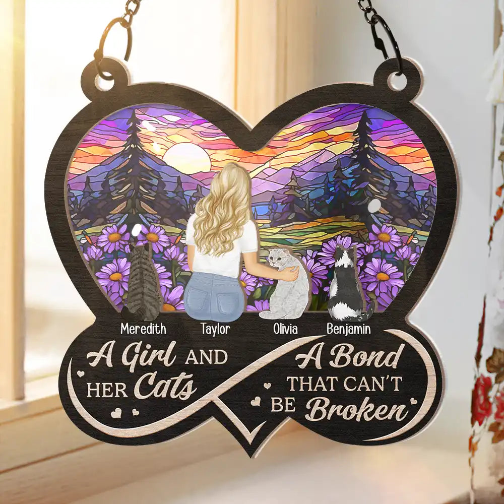 Pet Lovers - Infinity Heart Flower Field A Girl And Her Dog And Cat - Personalized Window Hanging Suncatcher Ornament