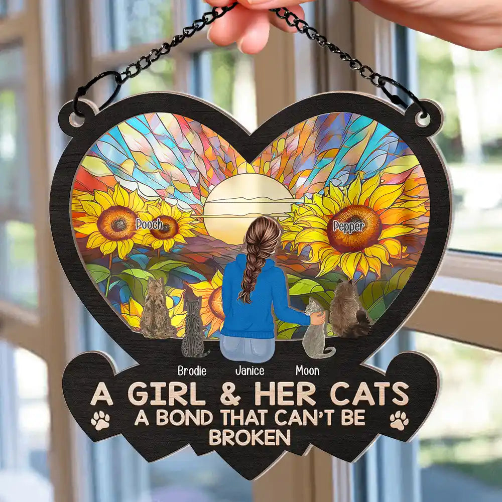 Pet Lovers - Heart Flower Field A Girl And Her Dog And Cat - Personalized Window Hanging Suncatcher Ornament