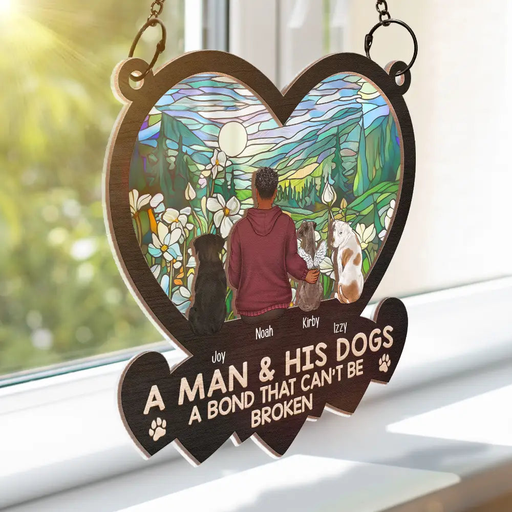 Pet Lovers - Heart Flower Field A Girl And Her Dog And Cat - Personalized Window Hanging Suncatcher Ornament