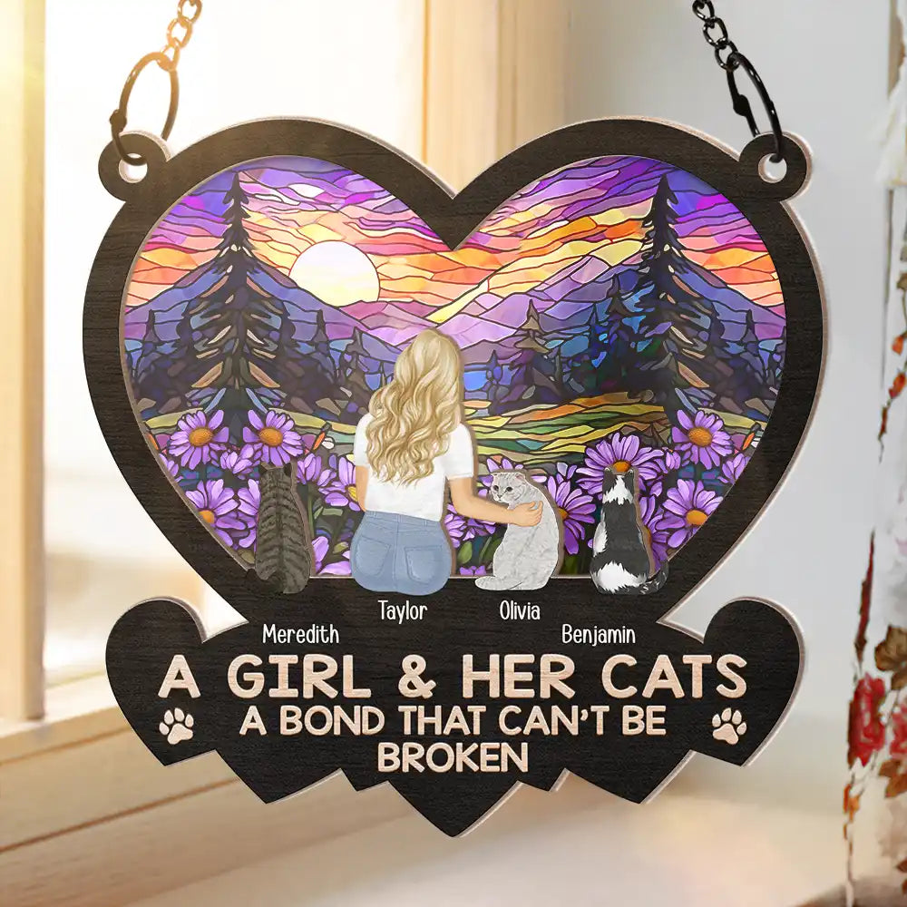 Pet Lovers - Heart Flower Field A Girl And Her Dog And Cat - Personalized Window Hanging Suncatcher Ornament