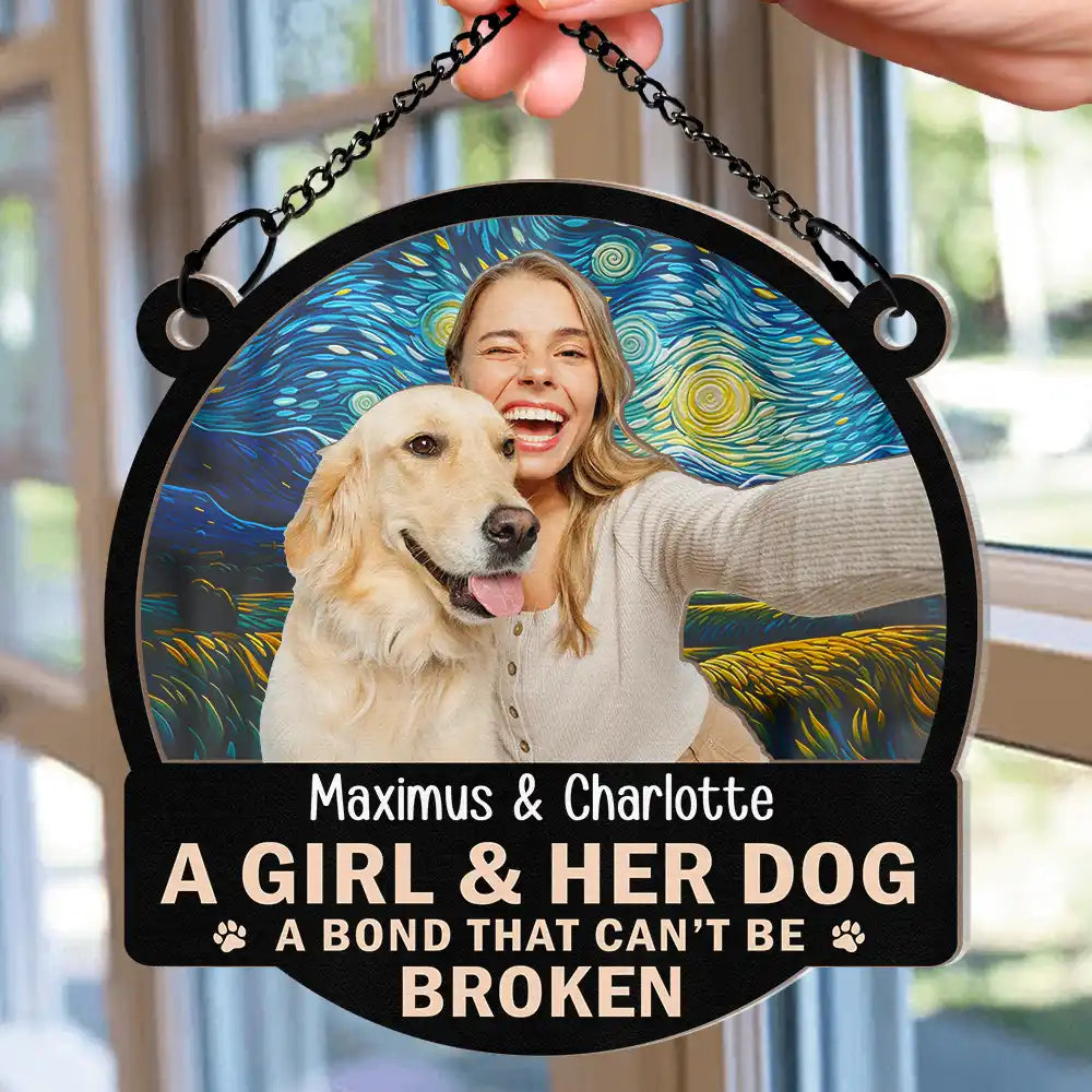 Pet Lovers - Custom Photo Flower Field A Girl And Her Dog - Personalized Window Hanging Suncatcher Ornament