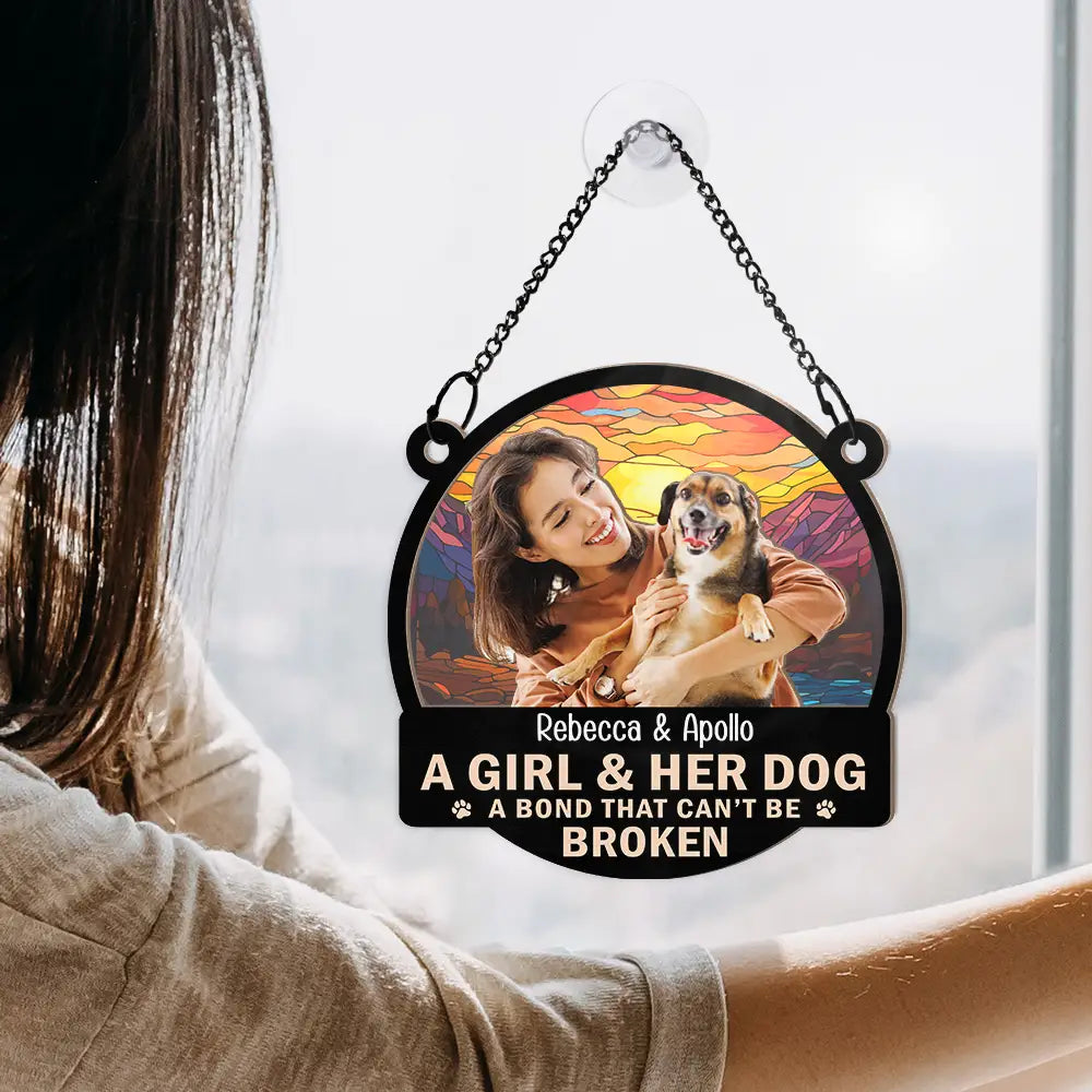 Pet Lovers - Custom Photo Flower Field A Girl And Her Dog - Personalized Window Hanging Suncatcher Ornament