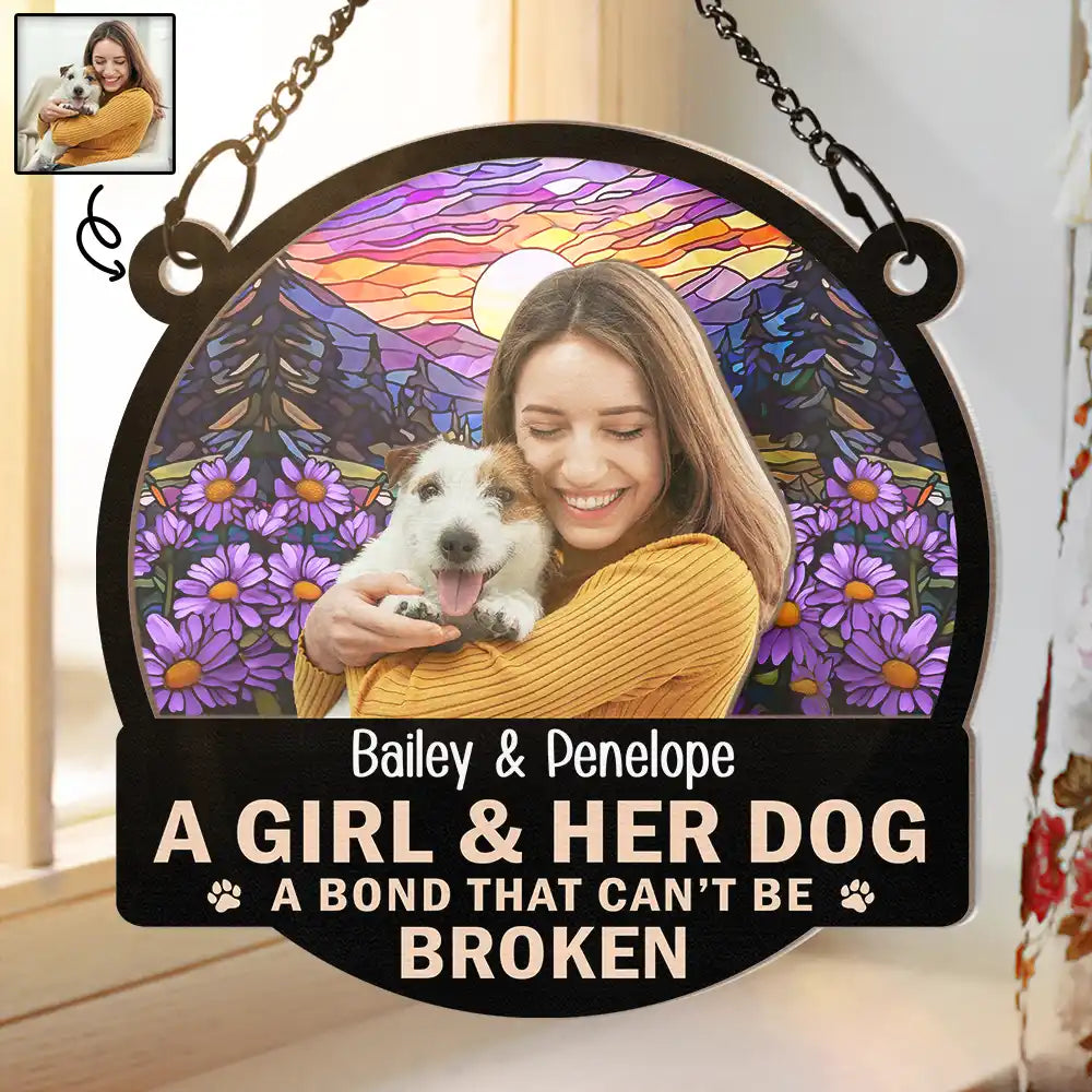 Pet Lovers - Custom Photo Flower Field A Girl And Her Dog - Personalized Window Hanging Suncatcher Ornament