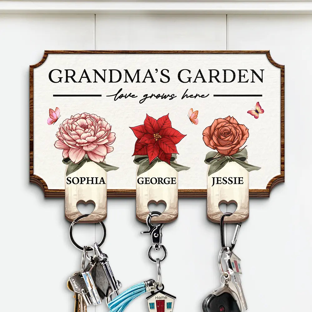 Gift For Grandma - Grandma's Garden Birth Flowers Grandkids - Personalized Custom Shaped Key Holder