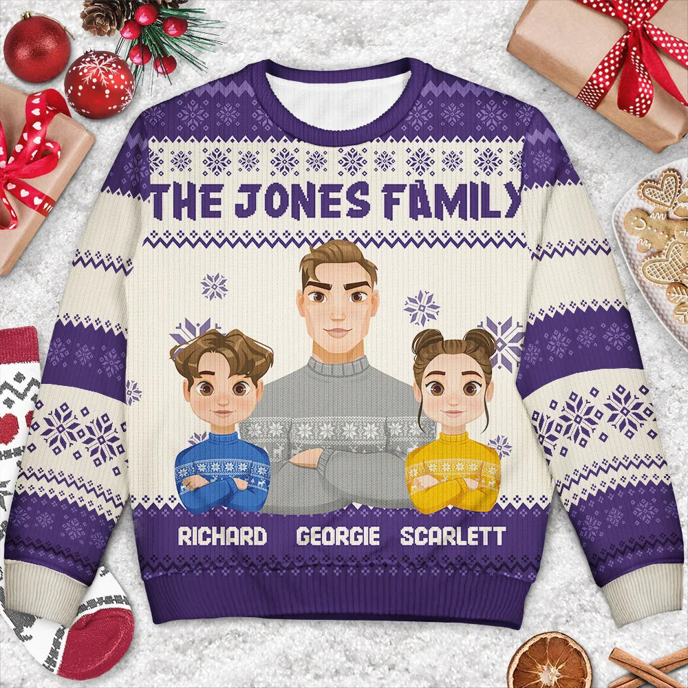 Christmas,Family,Continue Shopping,Happy - Custom Family Name Flat Art Couple And Kids - Personalized Unisex Ugly Sweater