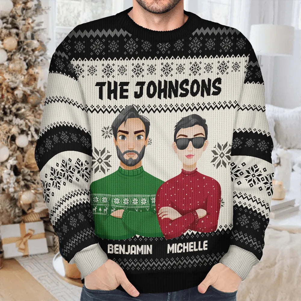 Christmas,Family,Continue Shopping,Happy - Custom Family Name Flat Art Couple And Kids - Personalized Unisex Ugly Sweater