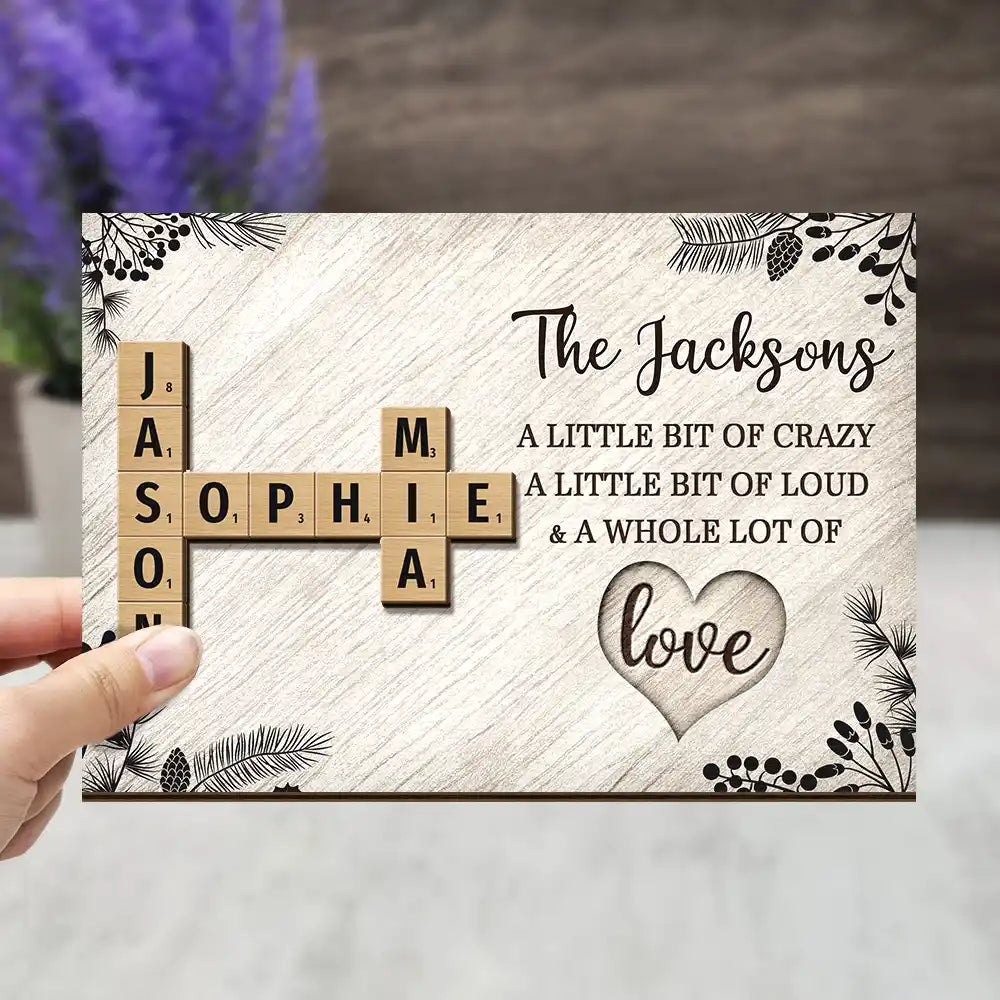 Family - Family A Whole Lot Of Love Crossword Scrabble - Personalized 2-Layered Wooden Plaque With Stand