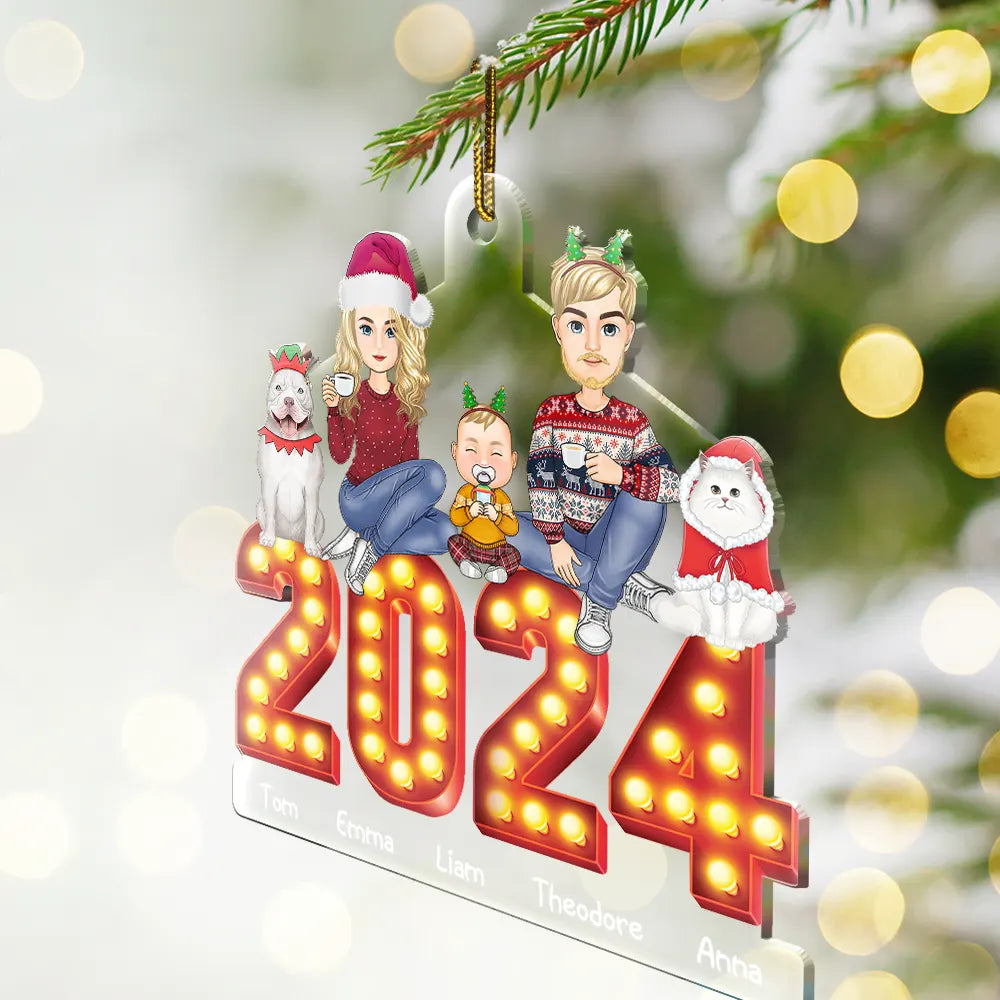 Christmas,Family,Happy,Continue Shopping - 2024 Cartoon Family And Pet Retro Cinema - Personalized Cutout Acrylic Ornament