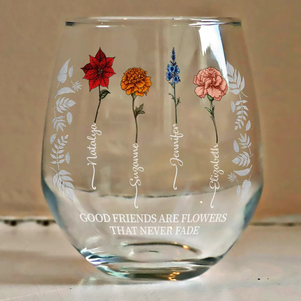 Gift For Bestie - Birth Flower Grow An Old Friend Bestie - Personalized Stemless Wine Glass