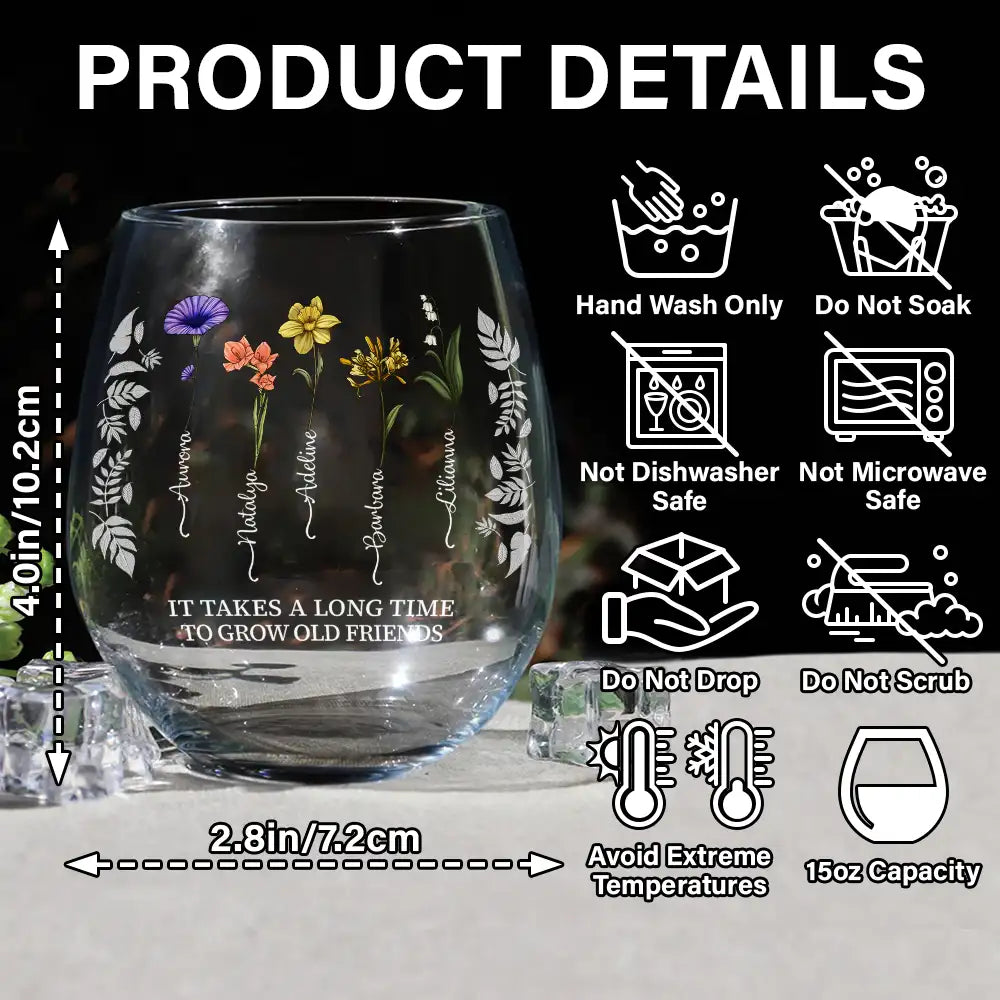 Gift For Bestie - Birth Flower Grow An Old Friend Bestie - Personalized Stemless Wine Glass