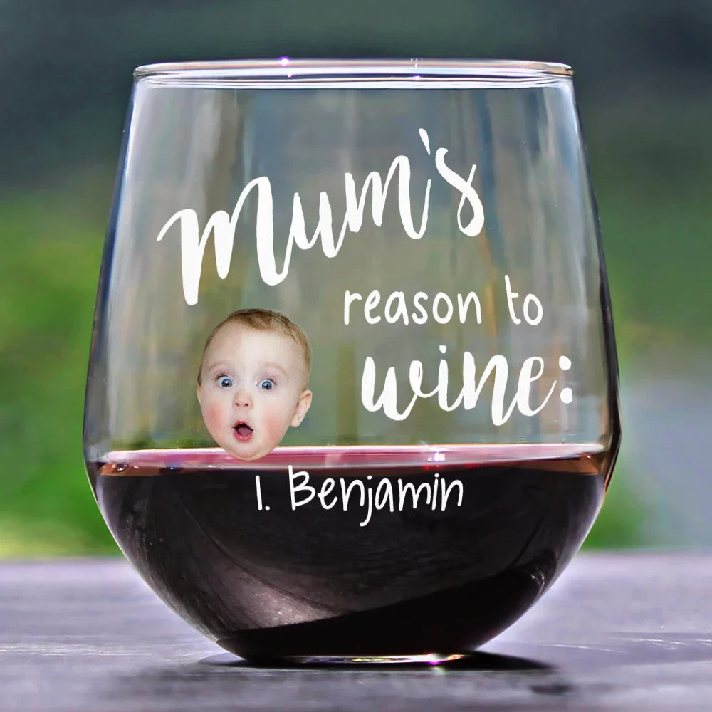 Gift For Mother - Custom Photo Mom's Reasons To Drink Custom Kid Names - Personalized Stemless Wine Glass