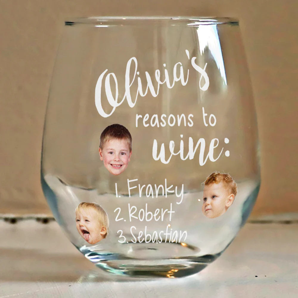 Gift For Mother - Custom Photo Mom's Reasons To Drink Custom Kid Names - Personalized Stemless Wine Glass