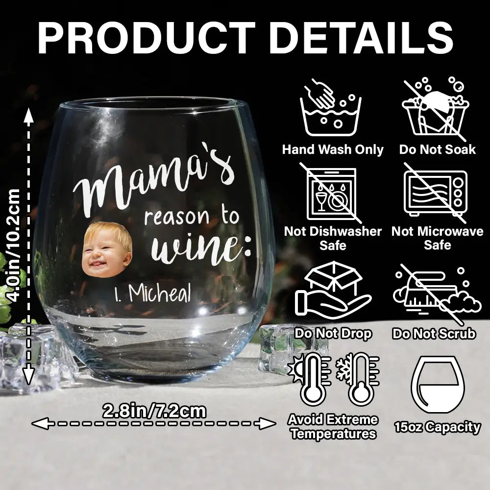 Gift For Mother - Custom Photo Mom's Reasons To Drink Custom Kid Names - Personalized Stemless Wine Glass