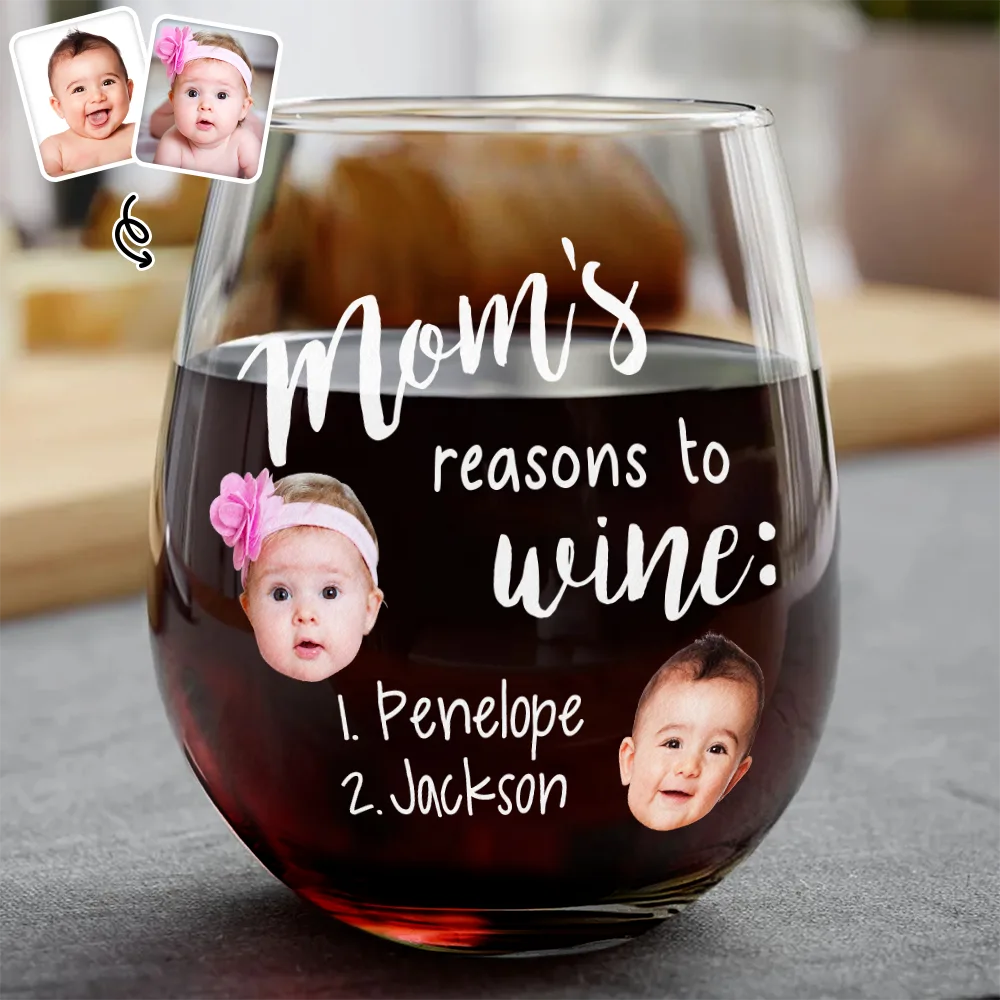 Gift For Mother - Custom Photo Mom's Reasons To Drink Custom Kid Names - Personalized Stemless Wine Glass