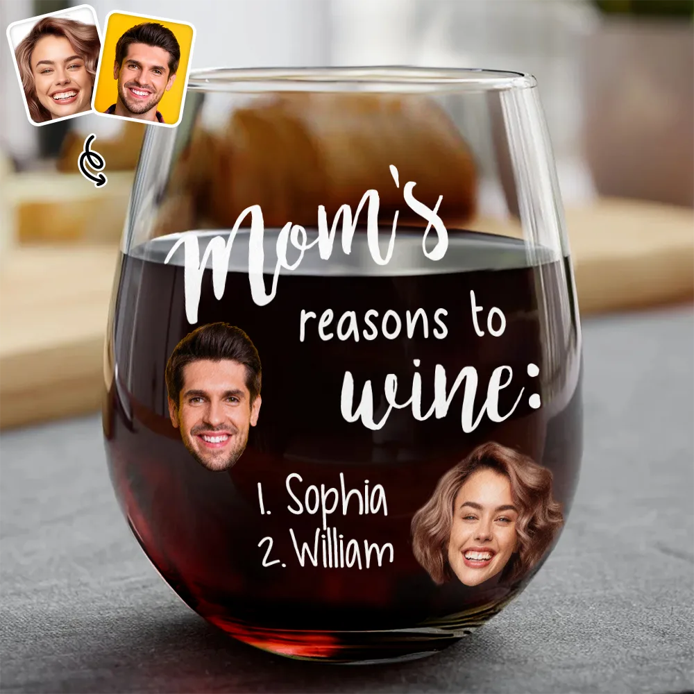 Gift For Mother - Custom Photo Mom's Reasons To Drink Custom Kid Names - Personalized Stemless Wine Glass