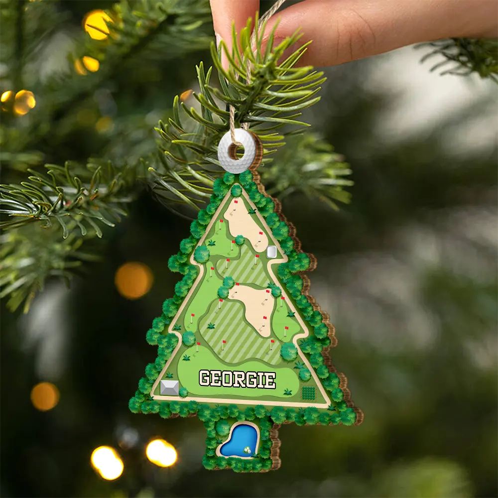 Golf - Golf Course Christmas Tree Shape Custom Name - Personalized Custom Shaped Wooden Ornament