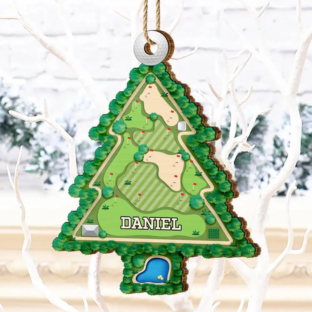 Golf - Golf Course Christmas Tree Shape Custom Name - Personalized Custom Shaped Wooden Ornament