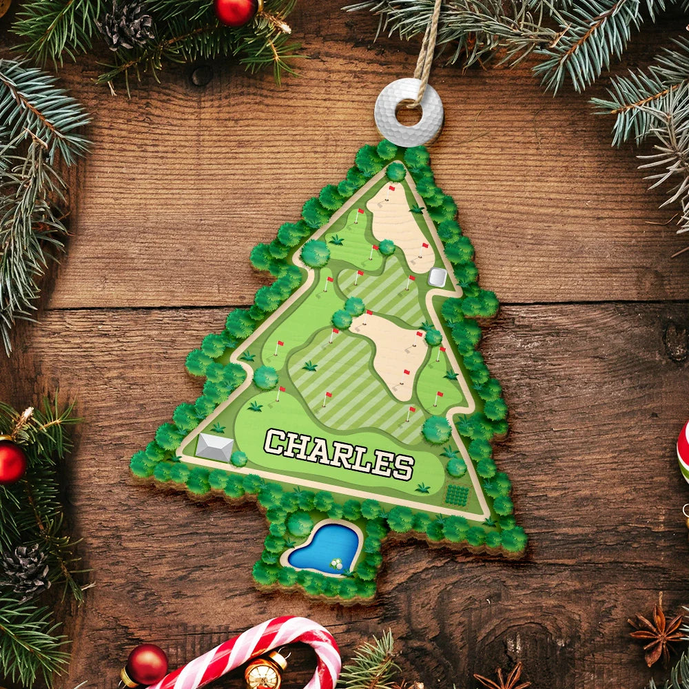 Golf - Golf Course Christmas Tree Shape Custom Name - Personalized Custom Shaped Wooden Ornament