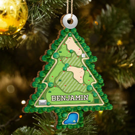 Golf - Golf Course Christmas Tree Shape Custom Name - Personalized Custom Shaped Wooden Ornament