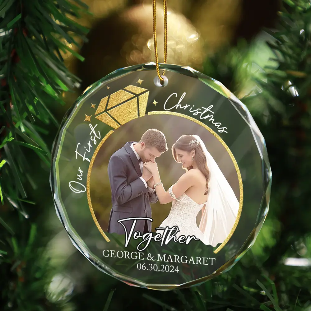 Christmas,Gift For Couples,Gift For Husband,Gift For Wife,Love,Custom Photo - Custom Photo First Christmas Married Couple Ring - Personalized Circle Glass Ornament