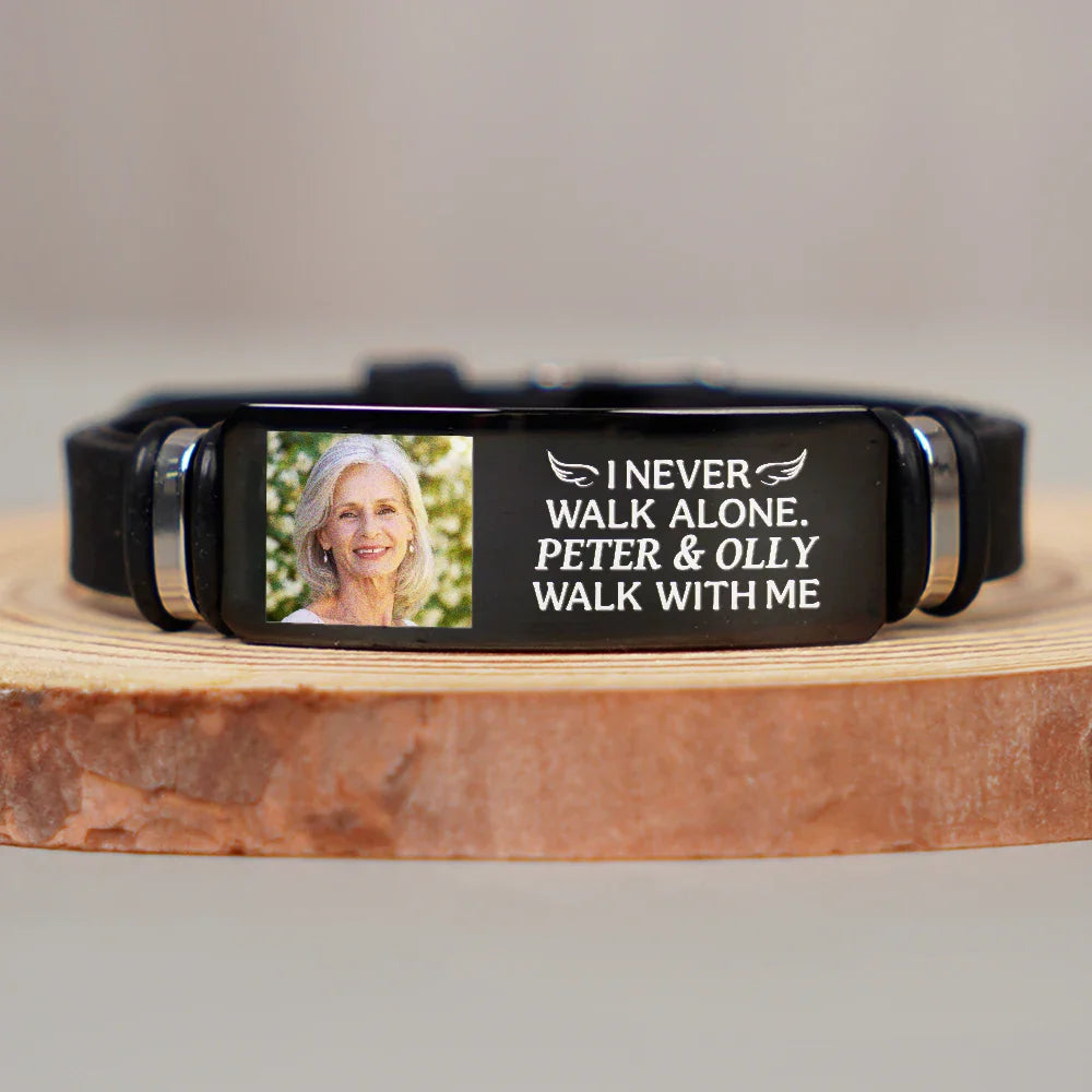 Memorial - Custom Photo You Never Walk Alone Memorial - Personalized Engraved Bracelet