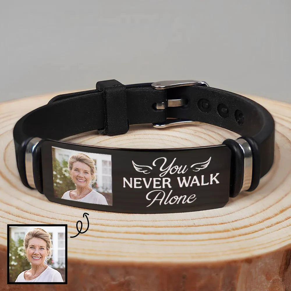 Memorial - Custom Photo You Never Walk Alone Memorial - Personalized Engraved Bracelet