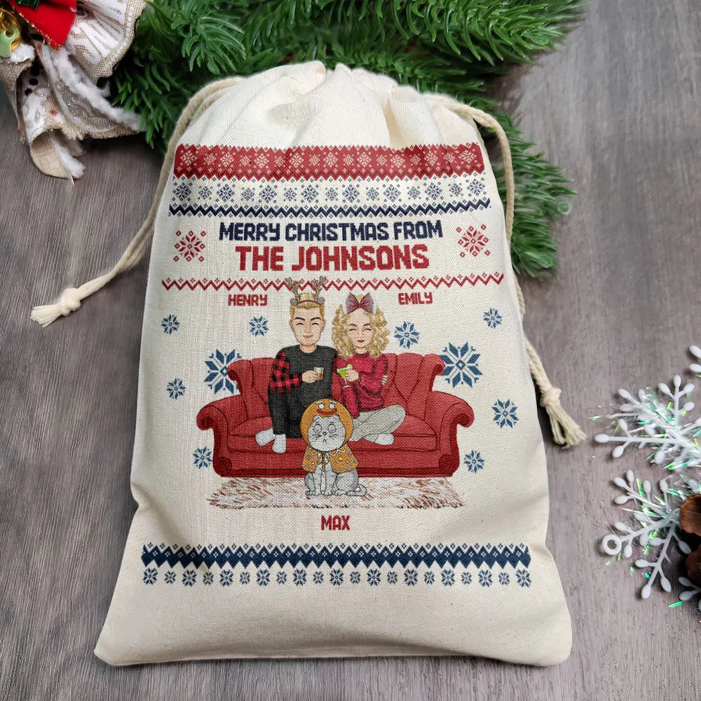 Christmas, Gift For Couples - Cartoon Couple With Kids And Pets - Personalized Favor Bag
